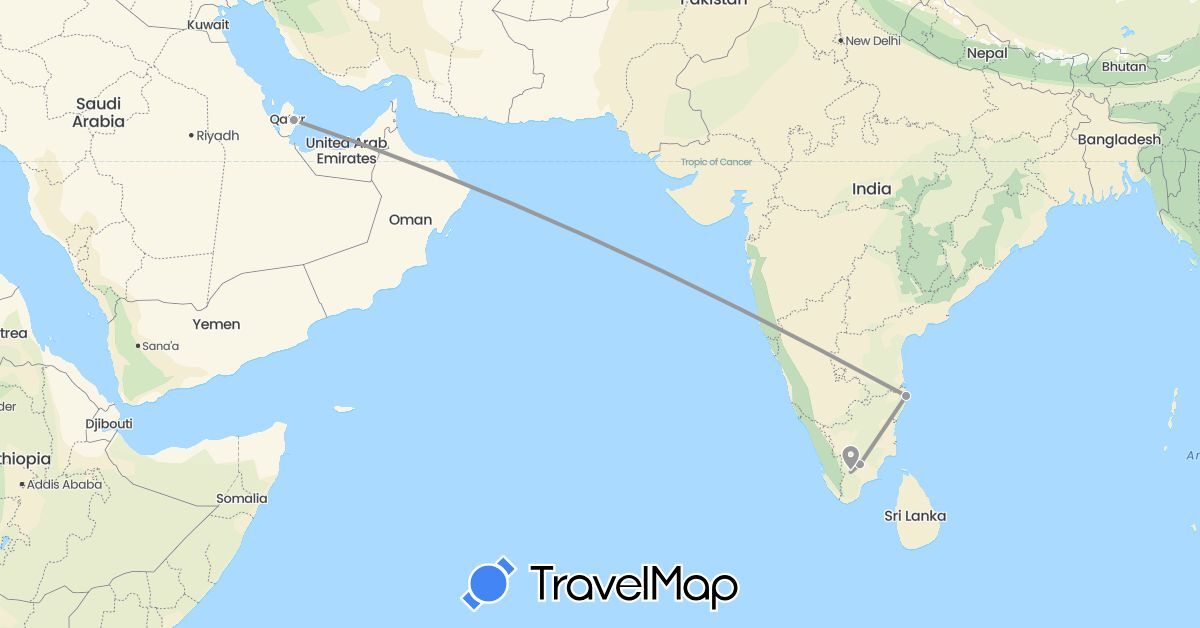 TravelMap itinerary: driving, plane in India, Qatar (Asia)